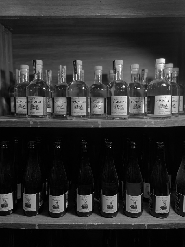 Shelves of Fogtown cider bottles, in black and white