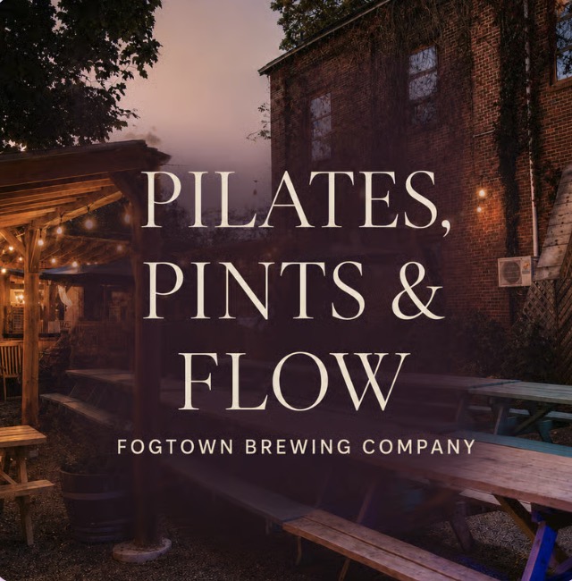 Pilates, Pints & Flow poster over the beer garden at dusk