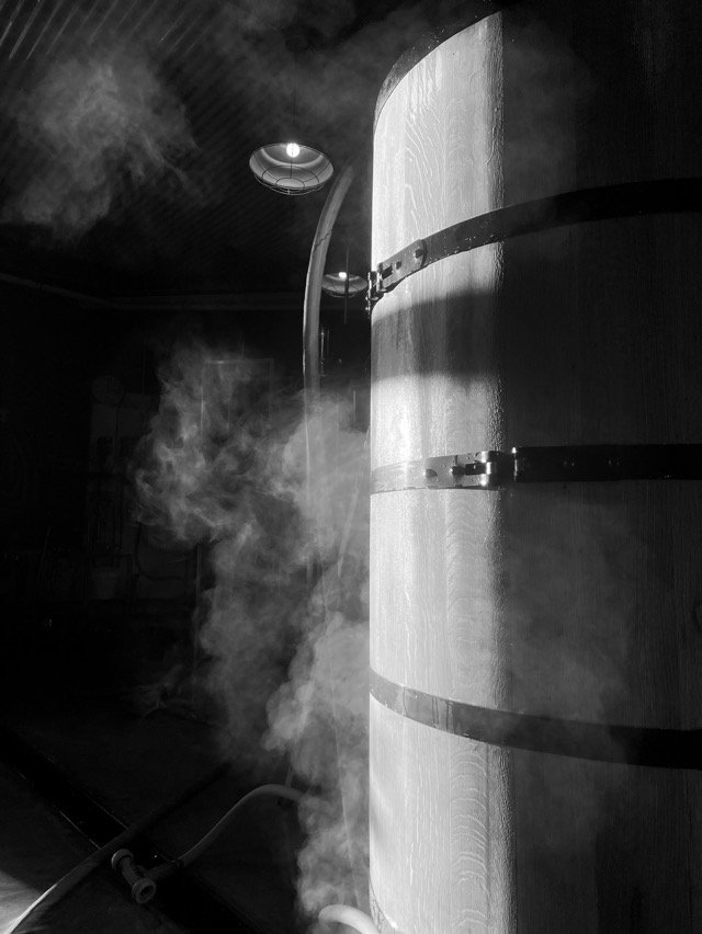 Steam rising beside a tall oak foeder, in black and white