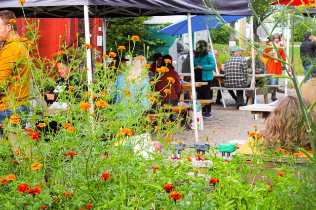 Guests at tables behind a bed of orange and red flowers in the beer garden