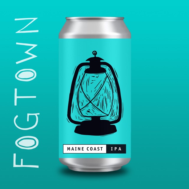 A Maine Coast IPA can with the Fogtown lantern on a turquoise background