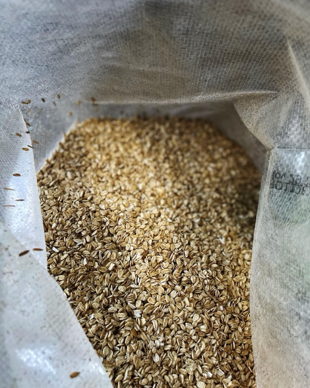 An open sack of malted grain