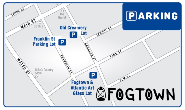 Map of parking near Fogtown: the Franklin St Parking Lot, the Old Creamery Lot, and the Fogtown & Atlantic Art Glass Lot beside the brewery on Pine St